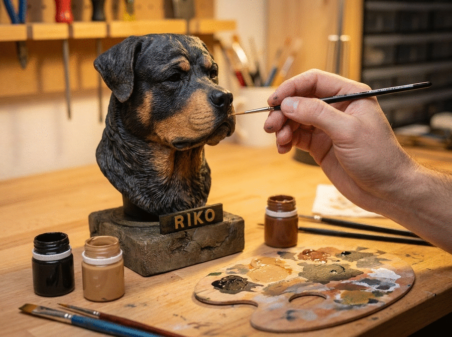 Hand-painting a dog bust with a brush